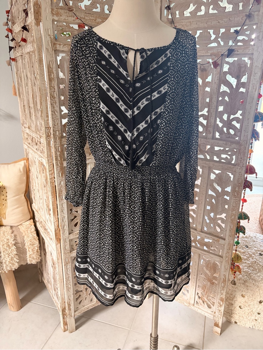 Lucky Brand Black and White Printed Long-Sleeve Mini Dress